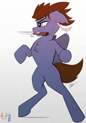 Size: 3035x4299 | Tagged: safe, artist:pedalspony, oc, oc only, oc:luck, pegasus, pony, bipedal, fight, knife, male, mouth hold, pose, simple background, solo, stallion, stance, stasnce, teeth, weapon, white background