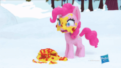 Size: 800x450 | Tagged: safe, screencap, pinkie pie, earth pony, pegasus, pony, g4.5, ice and slice, my little pony: stop motion short, animated, cake, dropped, female, flying, food, food on face, ice, oops, smiling, snow, stop motion, tree, wings