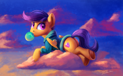 Size: 2200x1364 | Tagged: safe, artist:tsitra360, scootaloo, pegasus, pony, g4, bubblegum, clothes, cloud, female, filly, foal, food, gum, looking at you, looking back, looking back at you, prone, signature, solo, underhoof