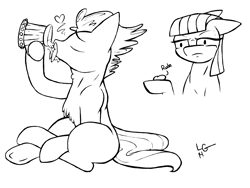 Size: 2096x1576 | Tagged: safe, artist:lucas_gaxiola, boulder (g4), maud pie, oc, g4, alcohol, beer, chest fluff, drinking, female, hoof hold, lineart, male, mare, monochrome, speech, stallion, unamused