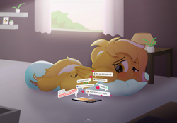 Size: 1280x896 | Tagged: safe, artist:potato22, oc, oc only, oc:mareota, pony, cellphone, curtains, desk, keyboard, moody, morning, morning ponies, notification, phone, plant, shelf, smartphone, solo, table, window