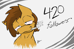 Size: 1976x1296 | Tagged: safe, artist:lucas_gaxiola, oc, oc only, oc:charmed clover, earth pony, pony, 420, 420 blaze it, abstract background, bedroom eyes, drugs, earth pony oc, followers, male, milestone, signature, smoking, solo, stallion