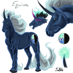 Size: 600x600 | Tagged: safe, artist:sdlhf, oc, oc only, oc:equinox, pony, unicorn, bio in description, colored fetlocks, curved horn, hoers, horn, long feather, male, offspring, parent:king sombra, parent:princess luna, parents:lumbra, realistic, reference sheet, simple background, solo, sombra eyes, stallion, story included, white background