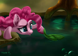 Size: 4500x3250 | Tagged: safe, artist:darksly, pinkie pie, earth pony, pony, feeling pinkie keen, g4, bubble, commission, ear fluff, female, froggy bottom bog, lilypad, mare, scene interpretation, solo, water