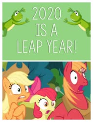 Size: 3106x4096 | Tagged: safe, apple bloom, applejack, big macintosh, earth pony, frog, pony, g4, the perfect pear, 2020, applejack's hat, boomerang (tv channel), cowboy hat, freckles, hat, leap year, lip bite, open mouth, shocked, shocked expression