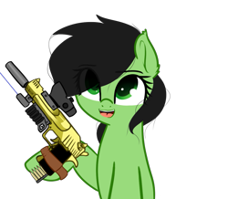 Size: 1129x983 | Tagged: safe, artist:neuro, oc, oc only, oc:filly anon, pony, acog, desert eagle, female, filly, gun, laser sight, simple background, solo, suppressor, tacticool, tape, transparent background, weapon
