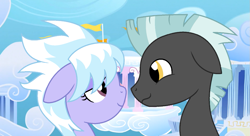 Size: 1099x600 | Tagged: safe, artist:estefania200, edit, cloudchaser, thunderlane, pegasus, pony, g4, cloudsdale, cute, female, flag, floppy ears, grin, lidded eyes, looking at each other, male, ship:thunderchaser, shipping, smiling, straight