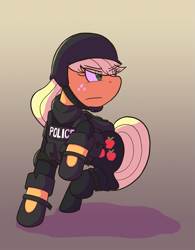 Size: 1495x1920 | Tagged: safe, artist:zanefir-dran, applejack, earth pony, pony, g4, action pose, body armor, female, helmet, mare, police uniform, solo, swat