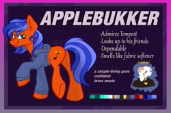 Size: 1280x845 | Tagged: safe, artist:cadetredshirt, oc, oc only, oc:applebukker, earth pony, pony, clothes, hoodie, looking at you, looking over shoulder, reference sheet, smug, solo, text, two toned mane, two toned tail, walking, walking away