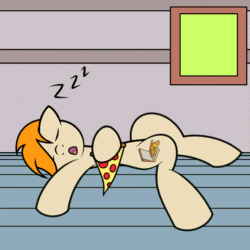 Size: 1440x1440 | Tagged: safe, artist:pizzamovies, oc, oc only, oc:pizzamovies, earth pony, pony, animated, earth pony oc, food, lying, male, meat, onomatopoeia, pepperoni, pepperoni pizza, pizza, sleeping, solo, sound effects, zzz