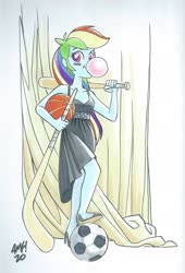 Size: 1402x2065 | Tagged: safe, artist:tony fleecs, rainbow dash, equestria girls, g4, baseball bat, basketball, black dress, bubblegum, clothes, commission, commissioner:ajnrules, dress, female, food, football, gum, hockey, hockey stick, little black dress, photo shoot, racket, rainbow dash always dresses in style, sleeveless, solo, sports