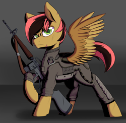 Size: 2868x2796 | Tagged: safe, artist:lockheart, oc, oc only, oc:ratchet scram, pegasus, pony, fallout equestria, ar-15, fallout, fanfic, fanfic art, gun, high res, hooves, male, pegasus enclave, rifle, spread wings, stallion, weapon, wings