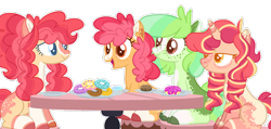 Size: 1280x609 | Tagged: safe, artist:journeewaters, oc, oc only, oc:hopscotch, oc:key lime pie, oc:saltwater taffy, oc:top speed, earth pony, pony, unicorn, base used, donut, female, food, magical lesbian spawn, mare, offspring, parent:apple bloom, parent:scootaloo, parents:scootabloom, simple background, transparent background