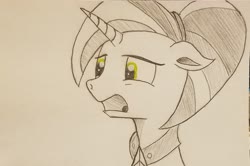 Size: 2251x1496 | Tagged: safe, artist:polar_storm, stellar flare, pony, unicorn, g4, female, jewelry, mare, monochrome, necklace, partial color, simple background, solo, traditional art, white background, yellow eyes