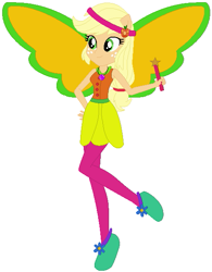 Size: 469x600 | Tagged: safe, artist:selenaede, artist:user15432, applejack, fairy, human, equestria girls, g4, artificial wings, augmented, barely eqg related, base used, clothes, crossover, element of honesty, fairy tale, fairy wings, fairyized, flower, good fairy, green wings, headband, humanized, jewelry, magic, magic wand, magic wings, necklace, ponied up, shoes, sleeping beauty, solo, wand, winged humanization, wings
