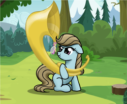 Size: 987x808 | Tagged: safe, artist:miragepotato, artist:nimaru, beauty brass, breezie, earth pony, pony, g4, duo, female, floppy ears, mare, musical instrument, sitting, solo, sousaphone