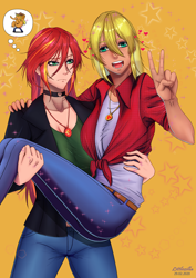 Size: 3044x4300 | Tagged: safe, artist:rittaruzira, applejack, sunset shimmer, human, equestria girls, g4, alternate hairstyle, bridal carry, carrying, choker, clothes, female, holding, humanized, lesbian, peace sign, ship:appleshimmer, shipping, thinking