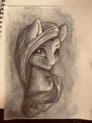 Size: 3024x4032 | Tagged: safe, artist:miokomata, fluttershy, pegasus, pony, g4, bust, chest fluff, fangs, female, freckles, freckleshy, grayscale, irl, looking at you, mare, monochrome, photo, sketch, sketchbook, traditional art