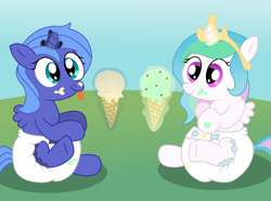 Size: 2000x1481 | Tagged: safe, artist:sweetielover, princess celestia, princess luna, alicorn, pony, g4, baby, baby pony, cewestia, cute, cutelestia, diaper, female, filly, food, ice cream, lunabetes, poofy diaper, woona, younger