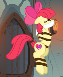 Size: 692x850 | Tagged: safe, artist:addmybasestofavs, artist:gray--day, artist:loladreamteam, artist:radiantrealm, apple bloom, earth pony, pony, g4, alternate hairstyle, apple bloom's bow, arm behind back, base used, bloomsub, bondage, bound and gagged, bow, cloth gag, dungeon, eyes closed, female, femsub, gag, hair bow, hanging, mare, older, older apple bloom, over the nose gag, rope, rope bondage, show accurate, solo, submissive, suspended, tied up