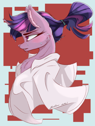 Size: 2800x3700 | Tagged: safe, artist:galinn-arts, twilight sparkle, pony, unicorn, g4, abstract background, alternate hairstyle, blushing, cheek fluff, chest fluff, clothes, ear fluff, female, high res, lab coat, mare, ponytail, profile, solo