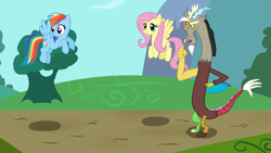 Size: 1920x1080 | Tagged: safe, artist:kazamacat, discord, fluttershy, rainbow dash, draconequus, pegasus, pony, fanfic:the master mev, g4, day, fanfic art, flying, outdoors, show accurate