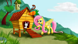 Size: 3840x2160 | Tagged: safe, artist:tauts05, angel bunny, fluttershy, pegasus, pony, dragonshy, g4, high res, redraw, shed