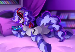 Size: 4444x3087 | Tagged: safe, artist:airiniblock, oc, oc only, oc:cinnabyte, dragapult, earth pony, pony, bed, bedroom, butt, clothes, commission, dock, earth pony oc, featureless crotch, female, glasses, headset, headset mic, high res, lying down, mare, nintendo switch, perrserker, pigtails, pillow, playing, plot, pokemon sword and shield, pokémon, pony oc, prone, shiny pokémon, socks, solo, sploot, striped socks, tail, underhoof