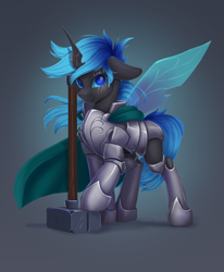 Size: 1152x1400 | Tagged: safe, artist:kittytitikitty, oc, oc only, oc:kryostasis, changeling, armor, blue changeling, cape, clothes, hammer