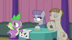 Size: 1920x1080 | Tagged: safe, screencap, maud pie, mudbriar, spike, dragon, a trivial pursuit, g4, bell, winged spike, wings
