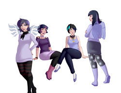 Size: 3300x2550 | Tagged: safe, alternate version, artist:emberfan11, mean twilight sparkle, twilight sparkle, oc, oc:moonlight nova, oc:moonshine twinkle, oc:nightfall blitz, human, icey-verse, g4, the mean 6, alicorn amulet, alternate hairstyle, bedroom eyes, black socks, blushing, boots, bra, bra strap, bracelet, breasts, canon x oc, choker, clothes, commission, ear piercing, earring, eyeshadow, family, female, flats, high res, humanized, jeans, jewelry, lesbian, lightbulb, lipstick, looking at each other, magical lesbian spawn, makeup, meanshine, miniskirt, mother and child, mother and daughter, multicolored hair, nail polish, necklace, offspring, pants, pantyhose, parent:mean twilight sparkle, parent:oc:moonshine twinkle, parents:canon x oc, parents:meanshine, piercing, scarf, shipping, shirt, shoes, siblings, simple background, sisters, skirt, smiling, smirk, smug, socks, stockings, striped socks, sweater, tank top, tattoo, thigh highs, underwear, wall of tags, white background, wings, wristband