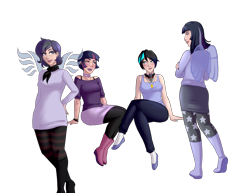 Size: 3300x2550 | Tagged: safe, alternate version, artist:emberfan11, mean twilight sparkle, twilight sparkle, oc, oc:moonlight nova, oc:moonshine twinkle, oc:nightfall blitz, human, icey-verse, g4, the mean 6, alicorn amulet, alternate hairstyle, bedroom eyes, black socks, blushing, boots, bra, bra strap, bracelet, breasts, canon x oc, choker, clothes, commission, ear piercing, earring, eyeshadow, family, female, flats, high res, humanized, jeans, jewelry, lesbian, lightbulb, lipstick, looking at each other, magical lesbian spawn, makeup, meanshine, miniskirt, mother and child, mother and daughter, multicolored hair, nail polish, necklace, offspring, pants, pantyhose, parent:mean twilight sparkle, parent:oc:moonshine twinkle, parents:canon x oc, parents:meanshine, piercing, scarf, shipping, shirt, shoes, siblings, simple background, sisters, skirt, smiling, smirk, smug, socks, stockings, striped socks, sweater, tank top, tattoo, thigh highs, transparent background, underwear, wall of tags, wings, wristband