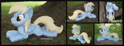 Size: 4710x1754 | Tagged: safe, artist:peruserofpieces, derpy hooves, pegasus, pony, g4, beanie (plushie), cute, derpabetes, female, folded wings, happy, irl, mare, photo, plushie, prone, silly, smiling, solo, tree, upside down, wings