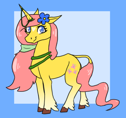 Size: 820x768 | Tagged: safe, artist:awesomewaffle11, fluttershy, pony, unicorn, g4, female, flower, flower in hair, fluttershy (g5 concept leak), g5 concept leak style, g5 concept leaks, hooves, mare, redesign, simple background, smiling, solo, unicorn fluttershy, vine