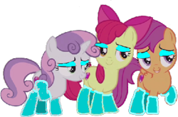 Size: 814x538 | Tagged: safe, artist:angrymetal, apple bloom, scootaloo, sweetie belle, pegasus, pony, unicorn, g4, hard to say anything, 1000 hours in ms paint, clothes, cutie mark, cutie mark crusaders, makeup, simple background, socks, the cmc's cutie marks, transparent background
