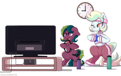 Size: 998x631 | Tagged: safe, artist:tikrs007, oc, oc only, earth pony, pony, bipedal, clothes, exercise, female, mare, pants, ring fit adventure, sports bra, sweatpants, television
