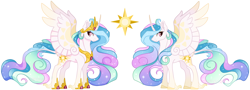 Size: 2574x925 | Tagged: safe, artist:celticsphinx, princess celestia, alicorn, pony, g4, concave belly, crown, curved horn, female, g5 concept leak style, hoof shoes, horn, jewelry, mare, princess celestia (g5), redesign, regalia, simple background, slender, solo, spread wings, sternocleidomastoid, thin, white background, wings