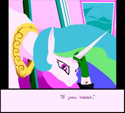 Size: 640x580 | Tagged: safe, artist:dinexistente, princess celestia, oc, oc:anon, alicorn, human, pony, g4, /mlp/, 4chan, drawthread, female, grin, hand, head pat, horn, horn grab, male, mare, offscreen character, offscreen male, one eye closed, pat, patting, smiling, text