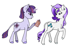 Size: 1729x1146 | Tagged: safe, artist:aurorastar1, rarity, twilight sparkle, pony, unicorn, g4, book, duo, female, g5 concept leak style, g5 concept leaks, glasses, hooves, levitation, magic, magic aura, mare, raised hoof, rarity (g5 concept leak), redesign, simple background, telekinesis, transparent background, twilight sparkle (g5 concept leak), unicorn twilight