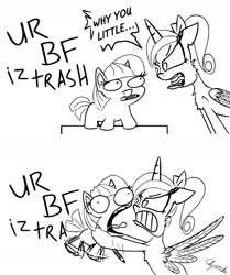 Size: 1280x1531 | Tagged: safe, artist:chopsticks, princess cadance, twilight sparkle, alicorn, pony, unicorn, g4, abuse, angry, black and white, choking, comic, dialogue, female, filly, grayscale, male, mare, marker, monochrome, open mouth, ponytail, princess bitchdance, reference, simple background, simpsons did it, strangling, teen princess cadance, text, the simpsons, twibitch sparkle, twiggie, twilybuse, white background, why you little, yelling