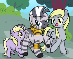 Size: 1944x1569 | Tagged: safe, artist:dinkyuniverse, derpy hooves, dinky hooves, zecora, pegasus, pony, unicorn, zebra, cute, daughter, day, derpabetes, dinkabetes, ear piercing, earring, equestria's best daughter, equestria's best family, equestria's best mother, excited, family, female, filly, foal, jewelry, mare, mother, mother and child, mother and daughter, piercing, sweet dreams fuel, talking, tree, trotting, walking, wholesome, zecora appreciation week, zecorable