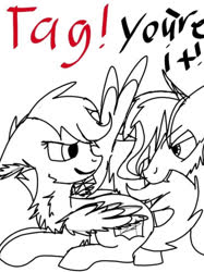 Size: 1092x1457 | Tagged: safe, artist:christle-flyer-ssl, scootaloo, oc, oc:christle flyer, pegasus, pony, g4, >:), >:d, biting, canon x oc, cheek fluff, chest fluff, christaloo, colt, crystal eyes, cute, cutealoo, cutie mark, dialogue, ear fluff, eye contact, eyebrows, eyebrows visible through hair, fangs, female, filly, floppy ears, foal, folded wings, hoof fluff, lidded eyes, looking at each other, lying down, male, monochrome, open mouth, prone, raised eyebrow, scootalove, shipping, simple background, straight, tail bite, text, the cmc's cutie marks, white background, wing fluff, wings