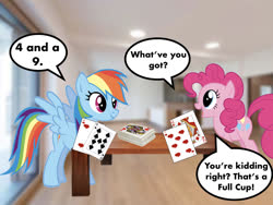 Size: 1024x768 | Tagged: artist needed, safe, edit, vector edit, pinkie pie, rainbow dash, g4, card, card game, cups (card game), deck of cards, f.r.i.e.n.d.s, house, mixed media, speech bubble, table, vector