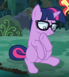 Size: 430x478 | Tagged: safe, screencap, sci-twi, twilight sparkle, pony, unicorn, equestria girls, equestria girls specials, g4, my little pony equestria girls: better together, my little pony equestria girls: spring breakdown, belly, cropped, equestria girls ponified, female, glasses, ponified, sitting, solo, unicorn sci-twi