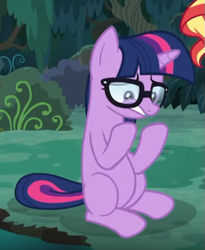 Size: 425x518 | Tagged: safe, screencap, sci-twi, twilight sparkle, pony, unicorn, equestria girls, equestria girls specials, g4, my little pony equestria girls: better together, my little pony equestria girls: spring breakdown, cropped, equestria girls ponified, female, glasses, missing cutie mark, ponified, sitting, solo, unicorn sci-twi, worried