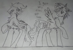 Size: 980x672 | Tagged: safe, scootaloo, oc, oc:christle flyer, g4, canon x oc, christaloo, colt, dialogue, female, filly, foal, male, shipping, straight, text, traditional art