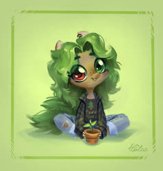 Size: 2781x2920 | Tagged: safe, artist:holivi, oc, oc only, anthro, anthro oc, clothes, cute, freckles, green background, heterochromia, high res, jeans, looking at you, pants, plant, potted plant, shirt, simple background, sitting, smiling, solo