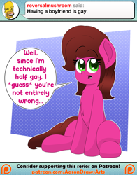 Size: 2000x2550 | Tagged: safe, artist:aarondrawsarts, oc, oc:rose bloom, earth pony, pony, ask brain teaser, bisexual, chest fluff, crossover, female, high res, homer simpson, looking at you, mare, reversalmushroom, sitting, tumblr