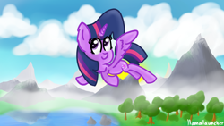 Size: 3840x2160 | Tagged: safe, artist:llamalauncher, twilight sparkle, alicorn, pony, g4, cloud, female, flying, high res, lake, mountain, scenery, solo, tree, twilight sparkle (alicorn)