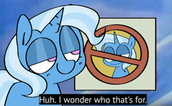 Size: 640x393 | Tagged: safe, artist:pinkiespresent, trixie, pony, unicorn, g4, female, garfield, grin, huh i wonder who that's for, lidded eyes, meme, ponified meme, poster, reference, smiling, solo, talking, text, window